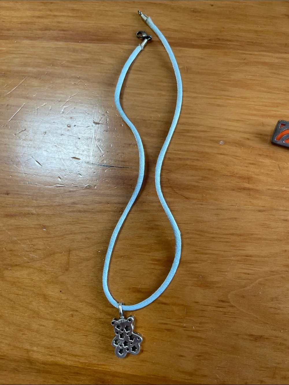 Tous Silver Teddy Charm Necklace - Light Blue Cord